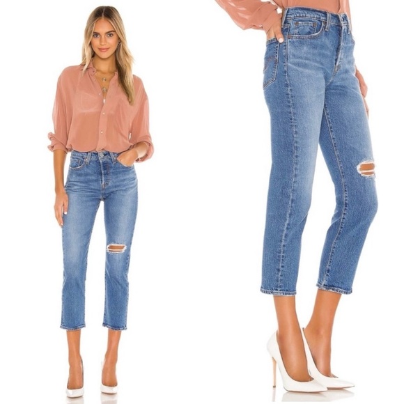 Levi’s Premium Wedgie Straight Jeans Jive Tone Blue Ripped Knee Cropped Ankle 24 - Picture 3 of 16